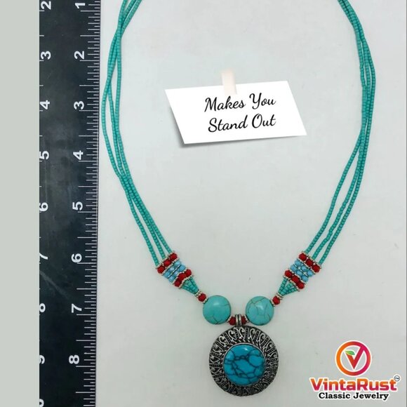 Beaded Multilayers Chain Necklace With Pendant, Ethnic Statement Necklaces - Picture 11 of 12